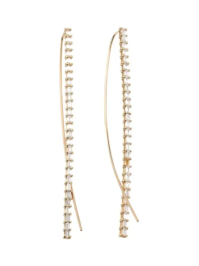 14K Gold Baguette Diamond Narrow Upside-Down Threader Hoop Earrings 14K Gold Baguette Diamond Narrow Upside-Down Threader Hoop Earrings