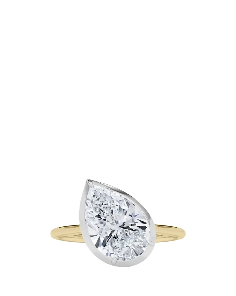 HauteCarat Two Tone 18K Tilted Pear Lab Grown Diamond Ring, 3.0tcw