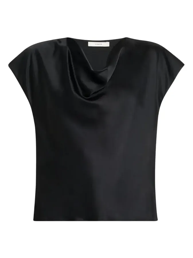 Cowl-Neck Cap-Sleeve Satin Blouse