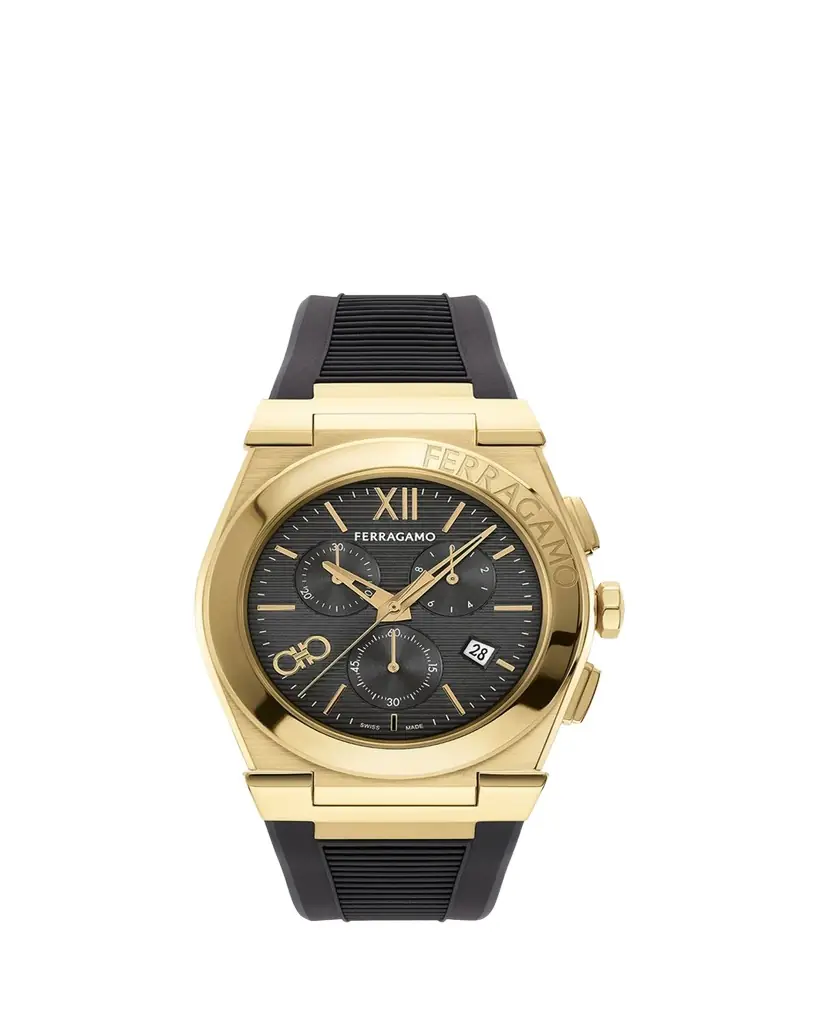 Ferragamo Vega Chrono IP Yellow Gold Rubber-Strap Watch, 42mm | Image 1 Ferragamo Vega Chrono IP Yellow Gold Rubber-Strap Watch, 42mm | Image 1