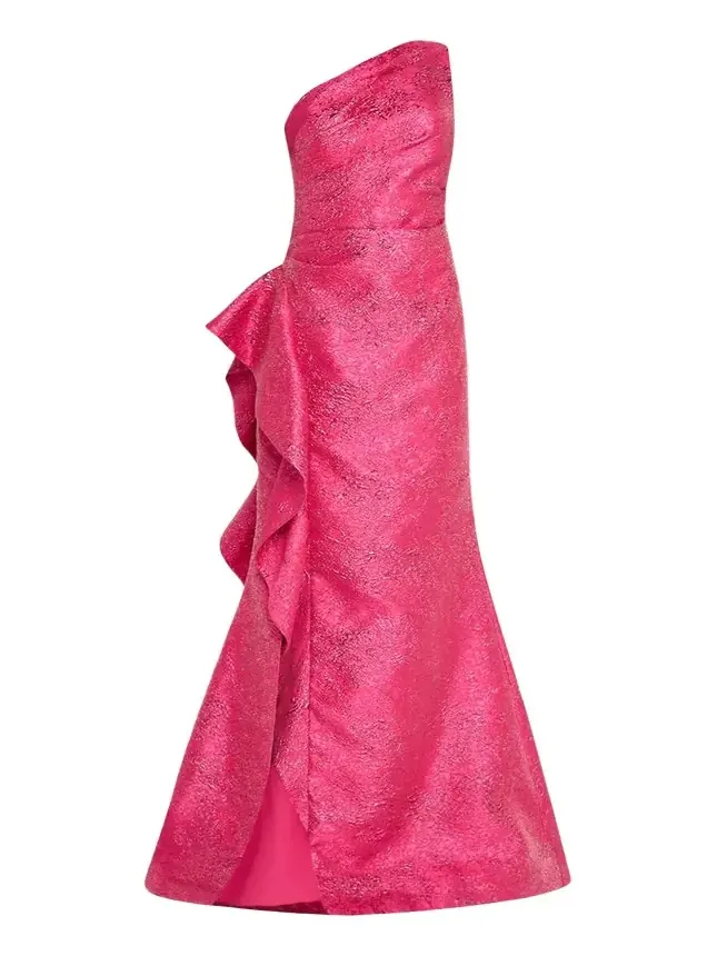One-Shoulder Metallic Jacquard Trumpet Gown