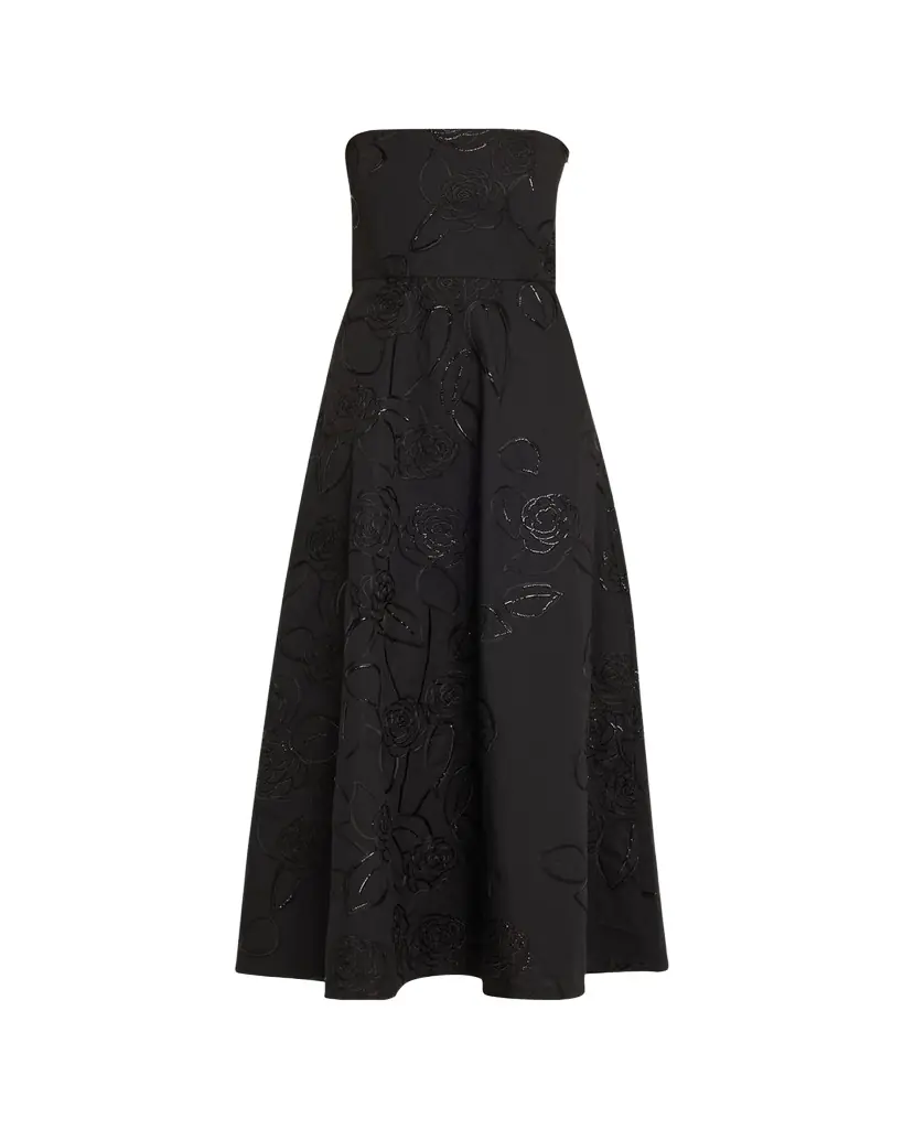 BERNADETTE Odette Strapless Camelia Sequined Midi Dress | Image 1 BERNADETTE Odette Strapless Camelia Sequined Midi Dress | Image 1