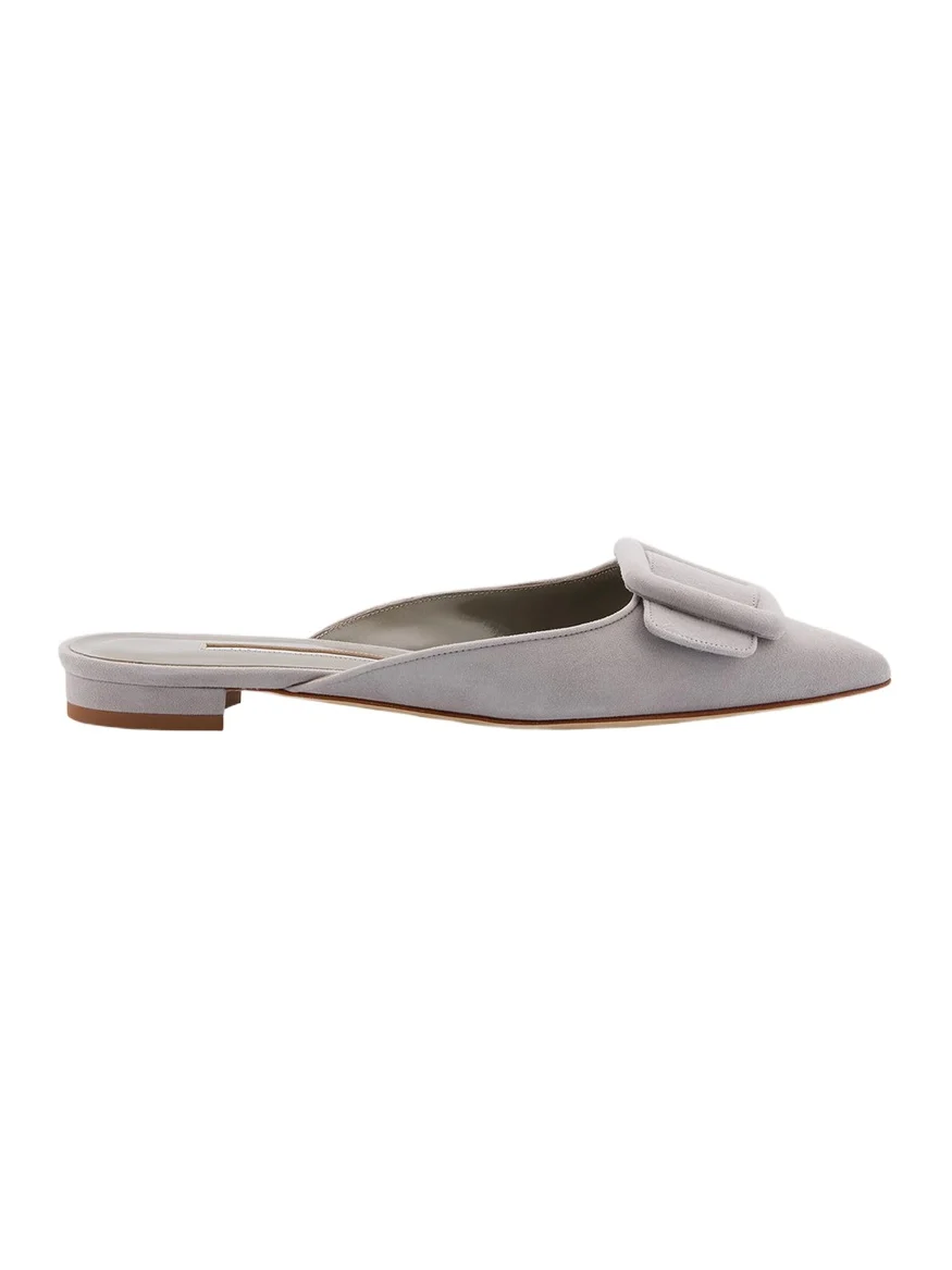Manolo Blahnik Maysale Suede Buckle Ballerina Mules
