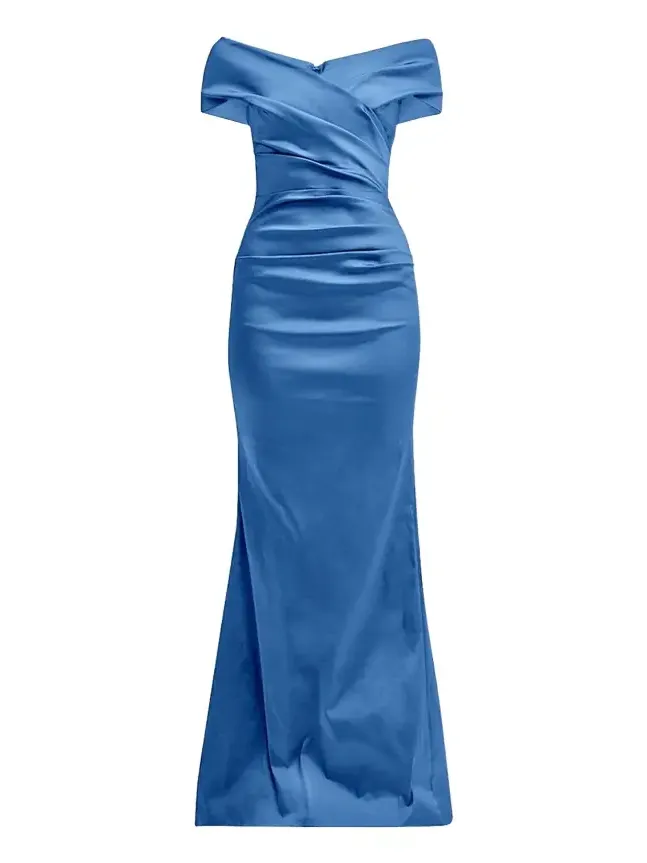 Pleated Off-Shoulder Satin Column Gown Pleated Off-Shoulder Satin Column Gown