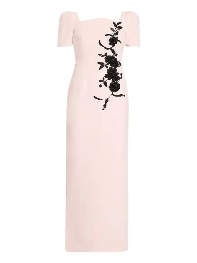 Floral Applique Crepe Column Gown