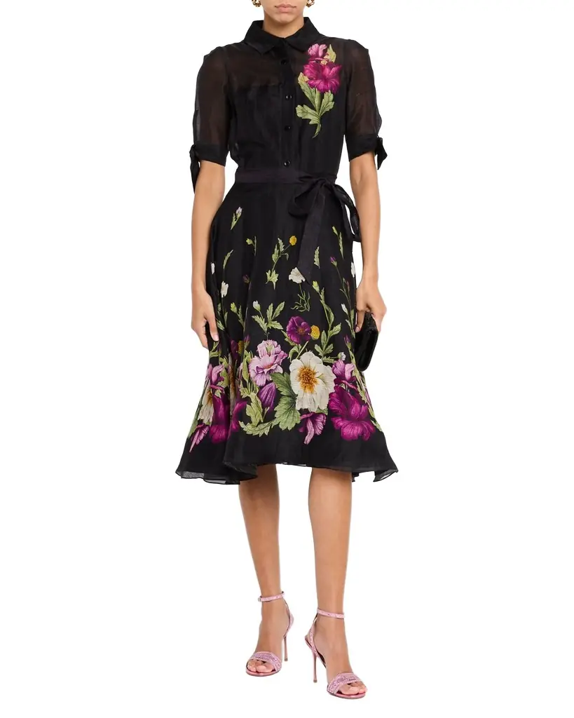 Rickie Freeman for Teri Jon Floral-Print Silken Linen Midi Shirtdress | Image 1 Rickie Freeman for Teri Jon Floral-Print Silken Linen Midi Shirtdress | Image 1
