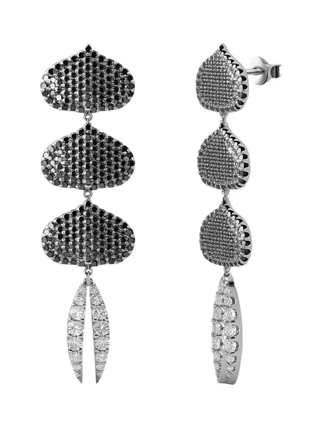 Triple Eye Adore Lotus Black and White Diamond Earrings