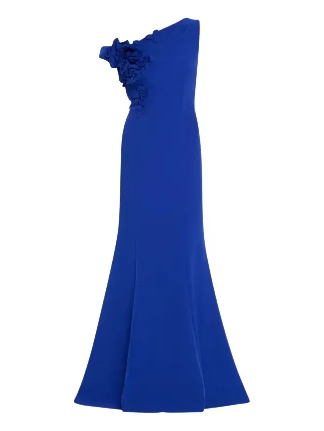 One-Shoulder Floral Applique Crepe Mermaid Gown