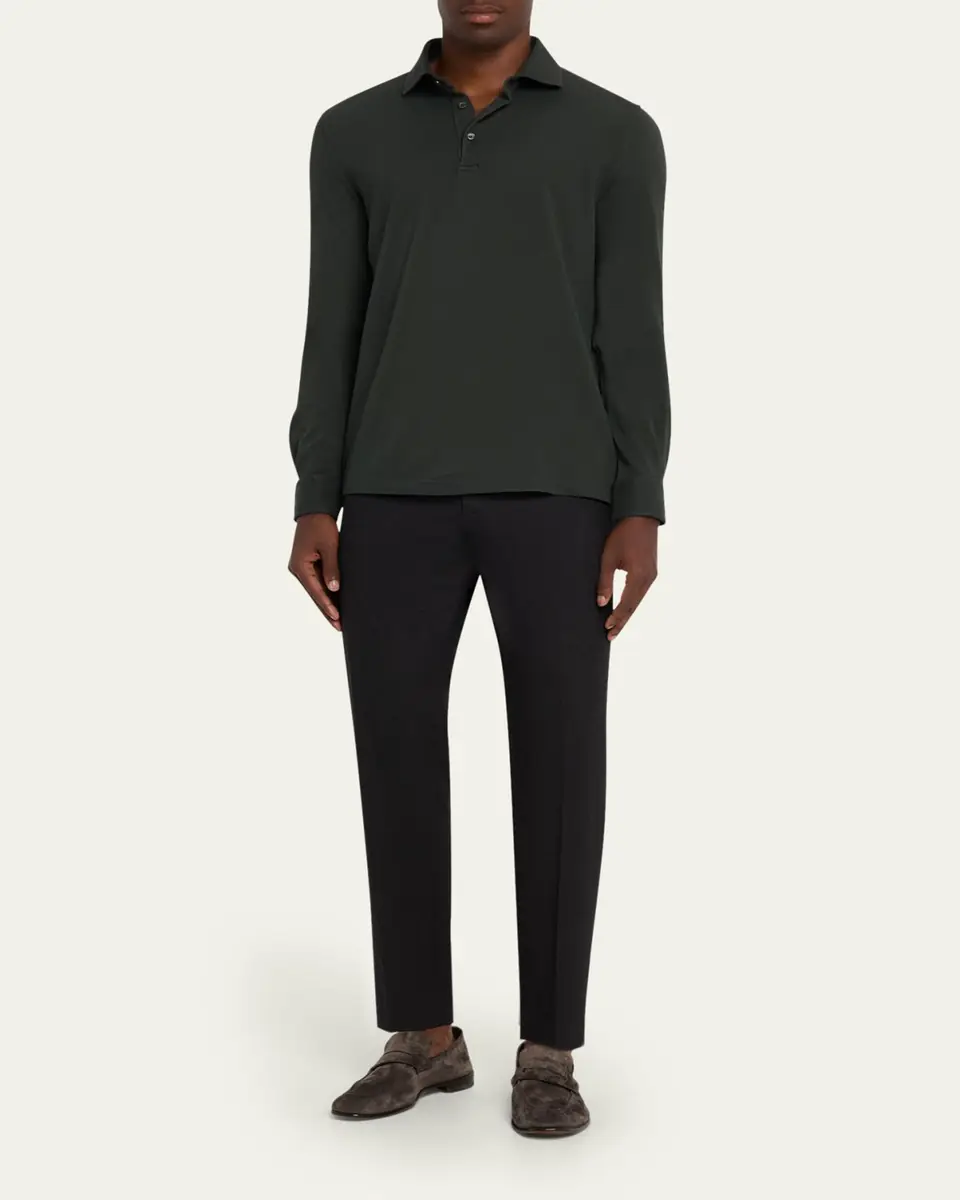 FEDELI Men's Giza Cotton Long-Sleeve Pique Polo Shirt | Thumbnail 2