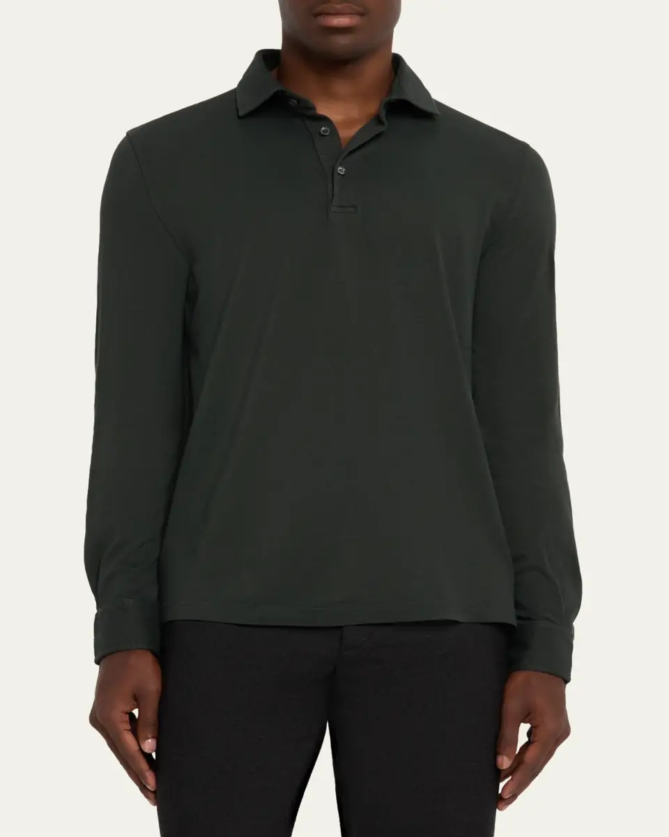 FEDELI Men's Giza Cotton Long-Sleeve Pique Polo Shirt | Thumbnail 4