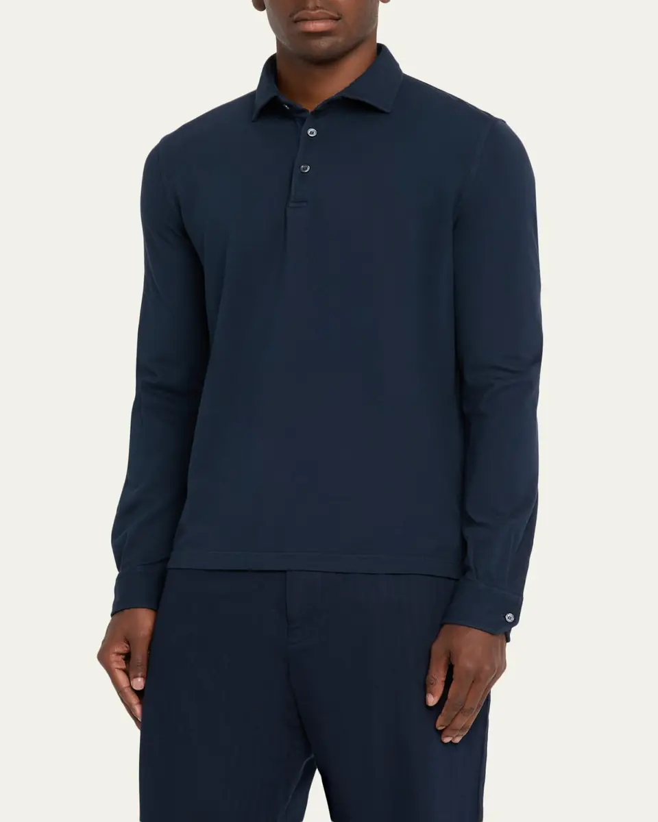 FEDELI Men's Giza Cotton Long-Sleeve Pique Polo Shirt | Thumbnail 8