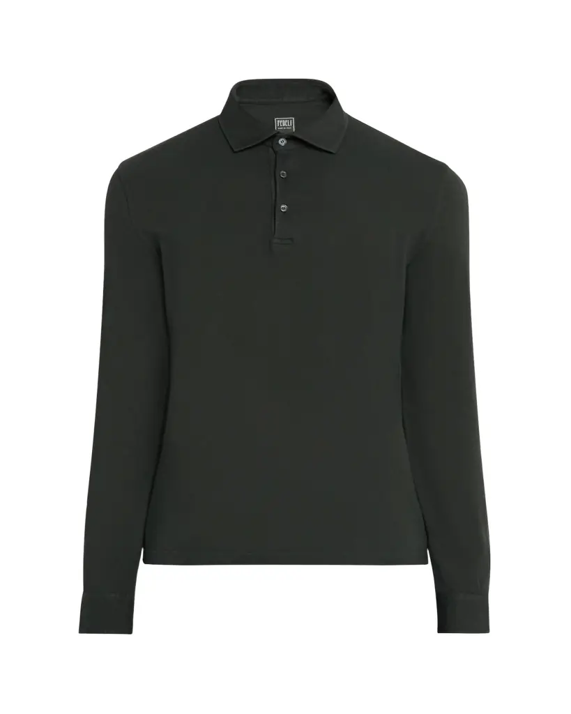 FEDELI Men's Giza Cotton Long-Sleeve Pique Polo Shirt