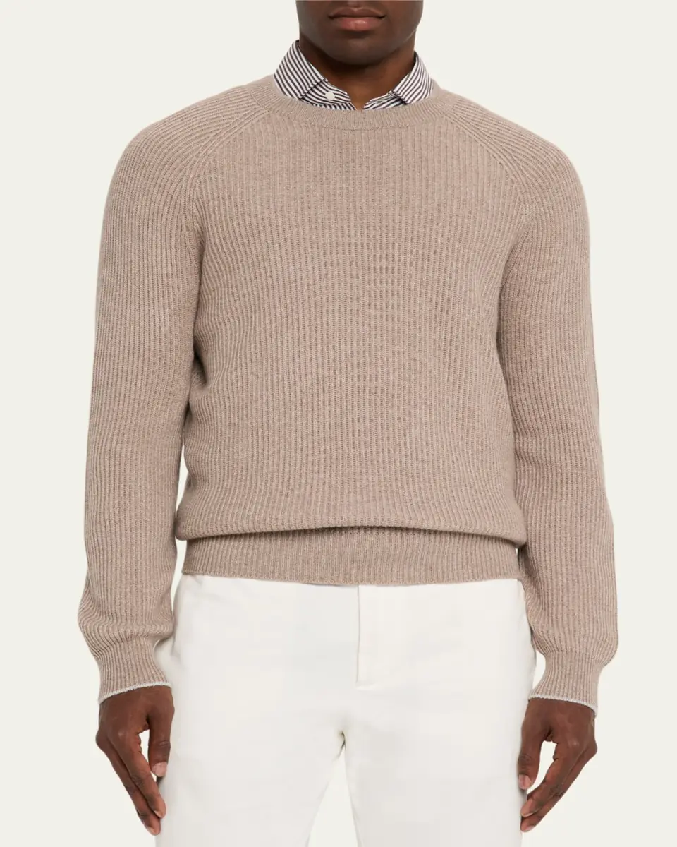 Brunello Cucinelli Men's Cashmere English Rib Crewneck Sweater | Thumbnail 4