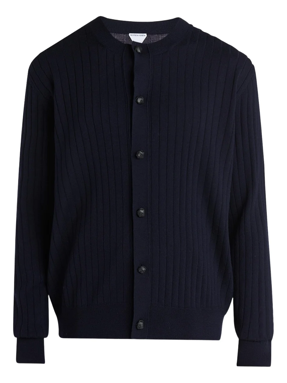 Men's Ribbed Wool Cardigan with Leather Buttons