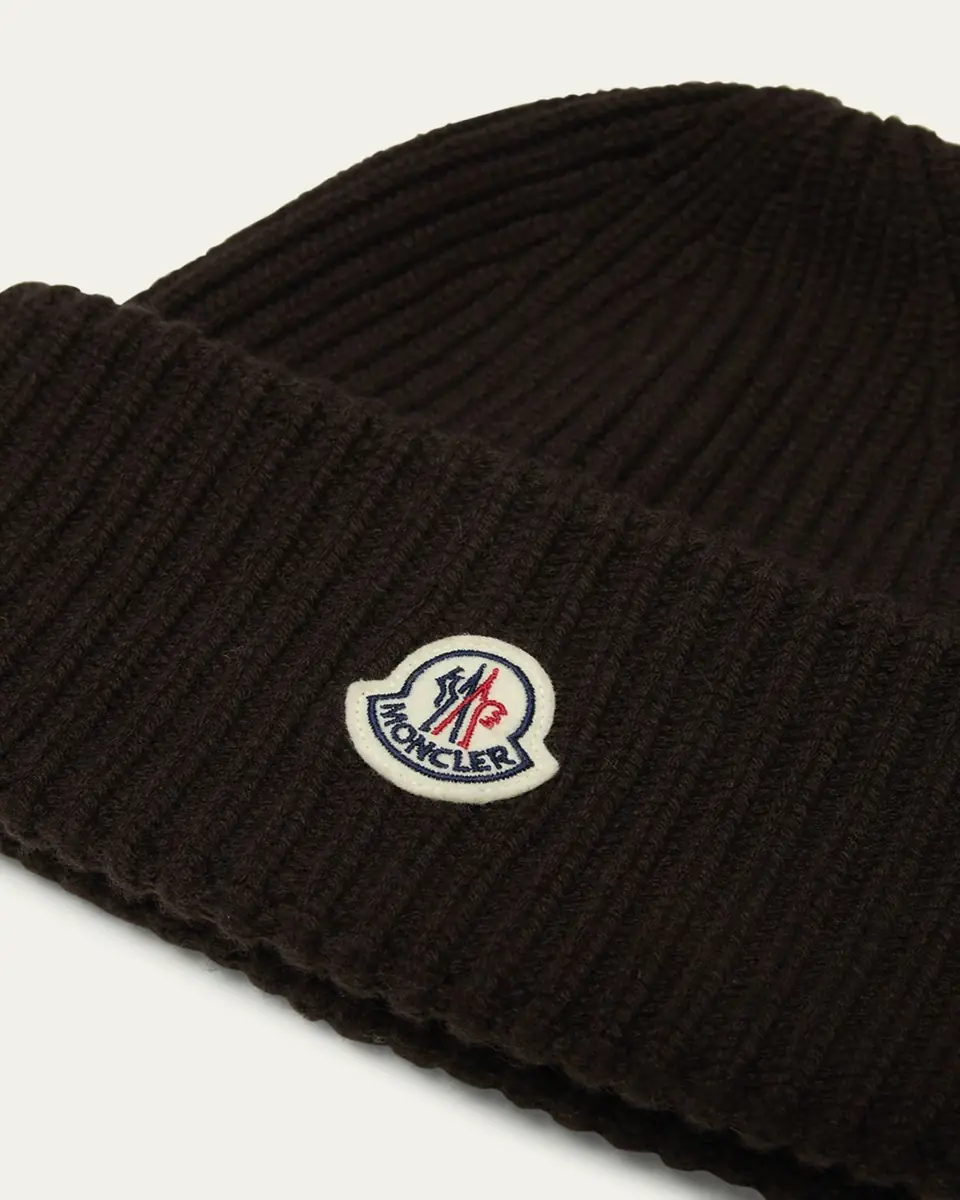 Moncler Men's Cashmere and Wool Rib Logo Beanie Hat | Thumbnail 2