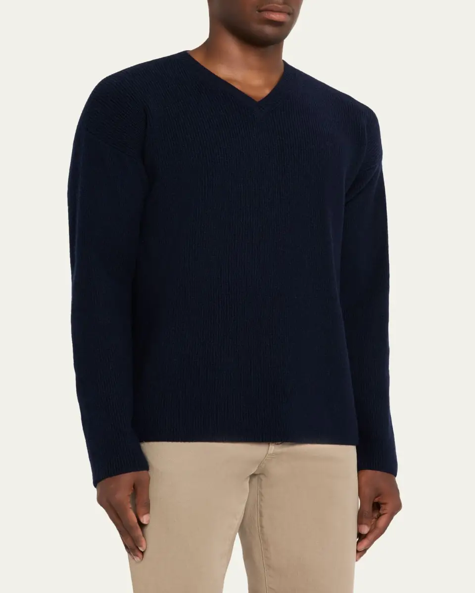 Bergdorf Goodman Men's Cashmere and Wool Rib V-Neck Sweater | Thumbnail 4