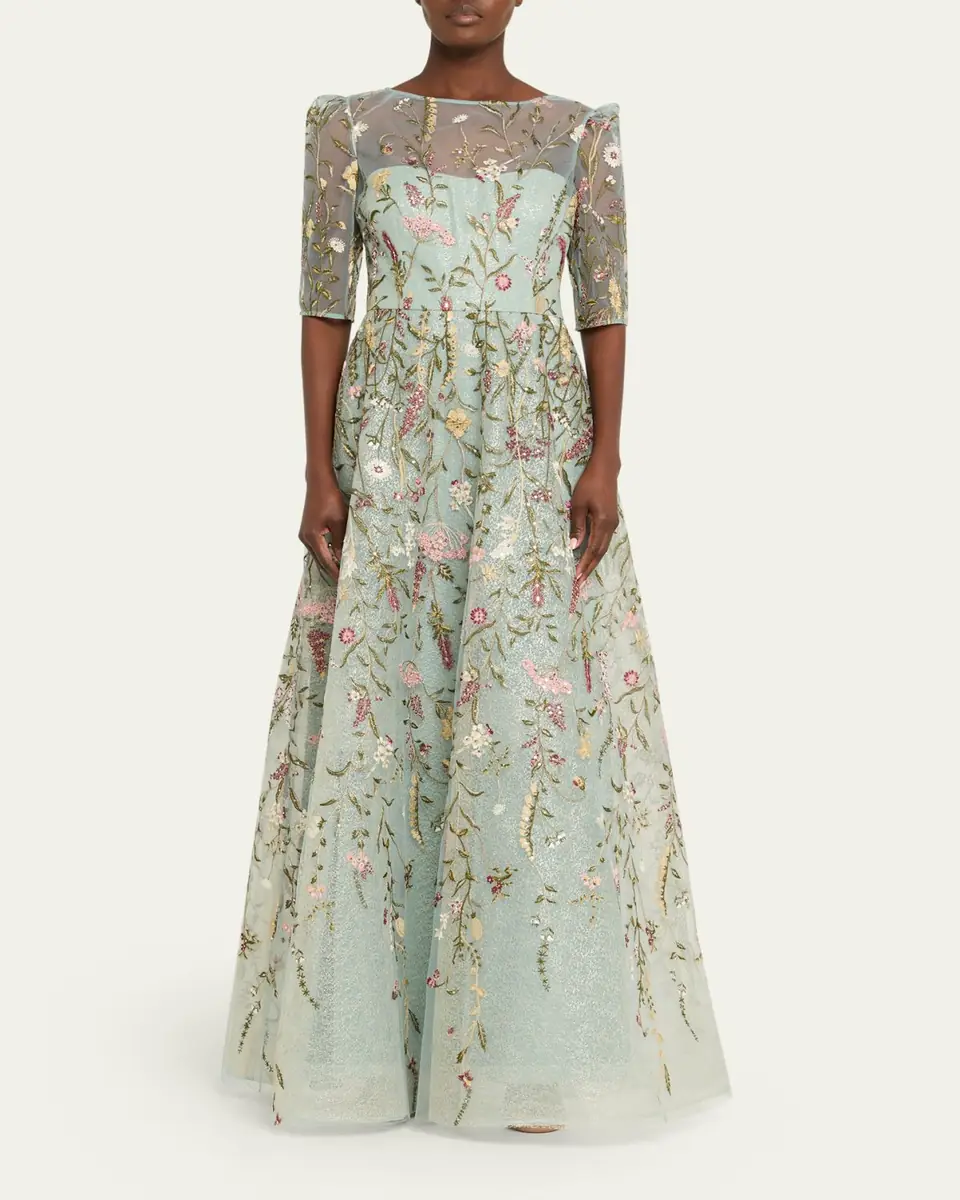 Rickie Freeman for Teri Jon Floral-Embroidered Shimmer Mesh Gown | Thumbnail 2 Rickie Freeman for Teri Jon Floral-Embroidered Shimmer Mesh Gown | Thumbnail 2