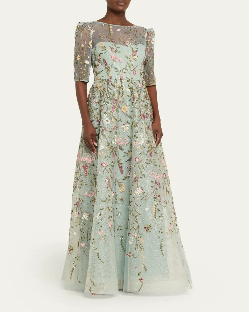 Rickie Freeman for Teri Jon Floral-Embroidered Shimmer Mesh Gown | Thumbnail 4 Rickie Freeman for Teri Jon Floral-Embroidered Shimmer Mesh Gown | Thumbnail 4