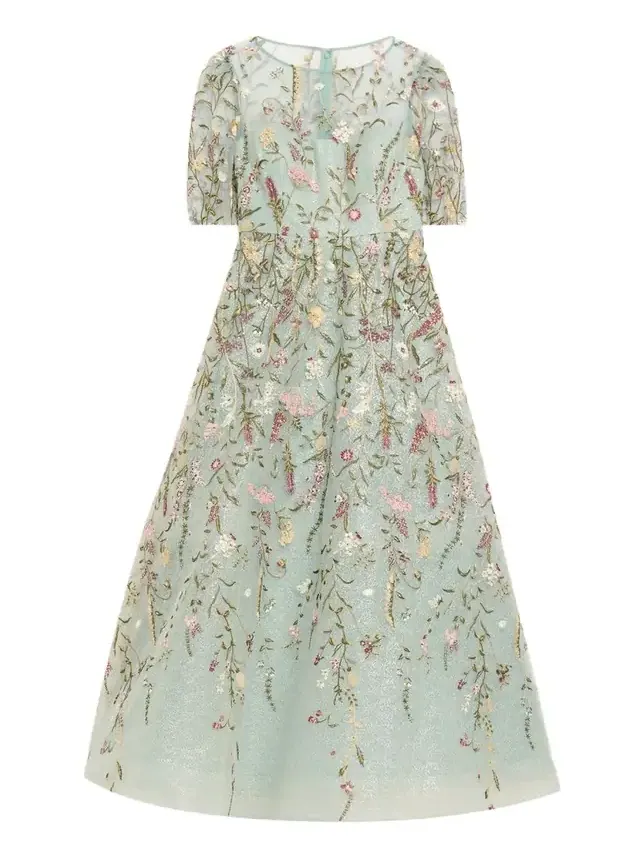 Floral-Embroidered Shimmer Mesh Gown Floral-Embroidered Shimmer Mesh Gown