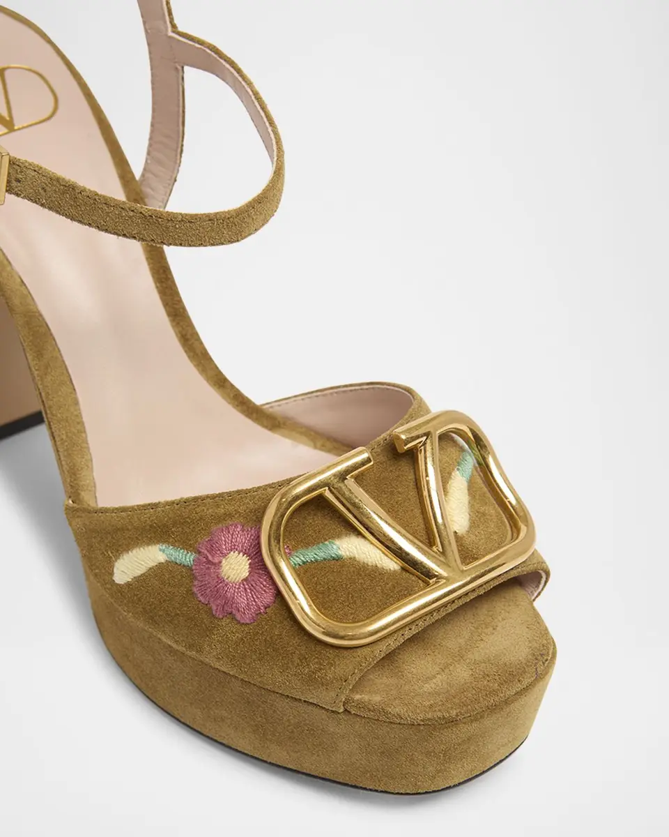 Valentino Garavani Floral Embroidered VLogo Suede Platform Sandals | Thumbnail 2 Valentino Garavani Floral Embroidered VLogo Suede Platform Sandals | Thumbnail 2