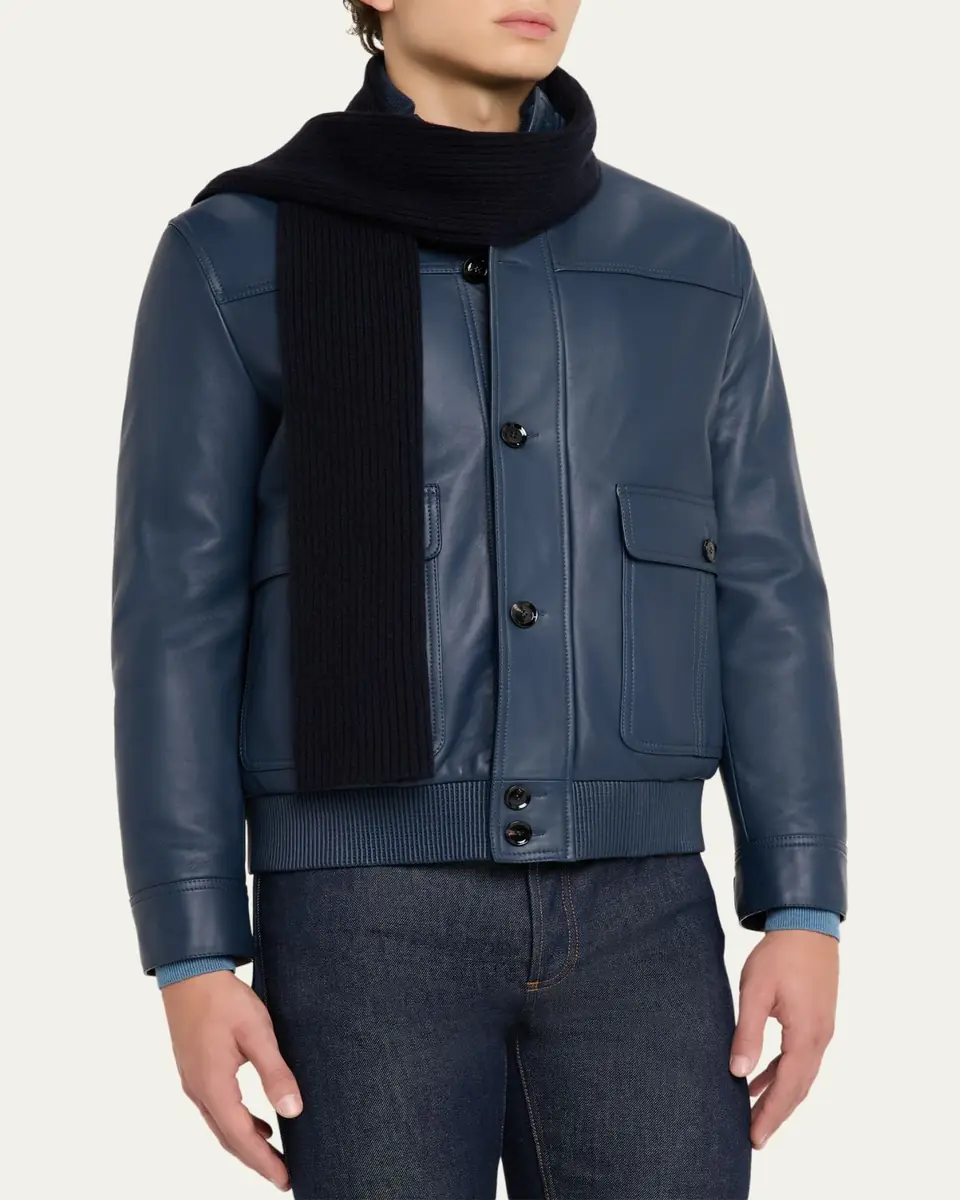 Brioni Men's Cashmere Rib Leather-Label Scarf | Thumbnail 3