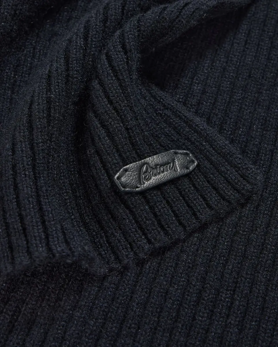 Brioni Men's Cashmere Rib Leather-Label Scarf | Thumbnail 4