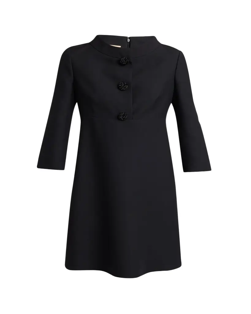 Crystal-Button 3/4-Sleeve Crepe Mini Dress Crystal-Button 3/4-Sleeve Crepe Mini Dress