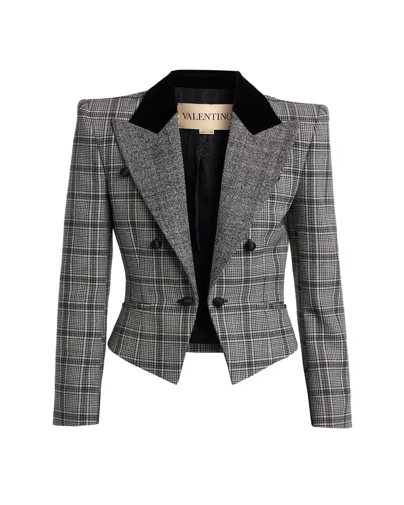Valentino Garavani Velvet-Trim Check Double-Breasted Jacket | Image 1 Valentino Garavani Velvet-Trim Check Double-Breasted Jacket | Image 1