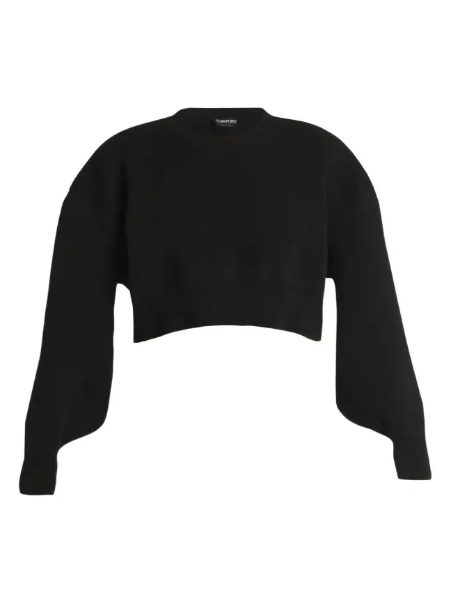Wool-Cashmere Blouson-Sleeve Crop Sweater Wool-Cashmere Blouson-Sleeve Crop Sweater