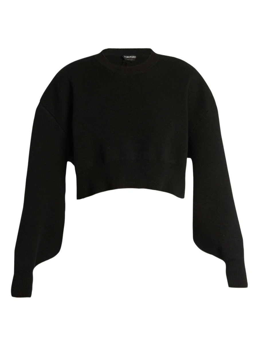 Wool-Cashmere Blouson-Sleeve Crop Sweater Wool-Cashmere Blouson-Sleeve Crop Sweater