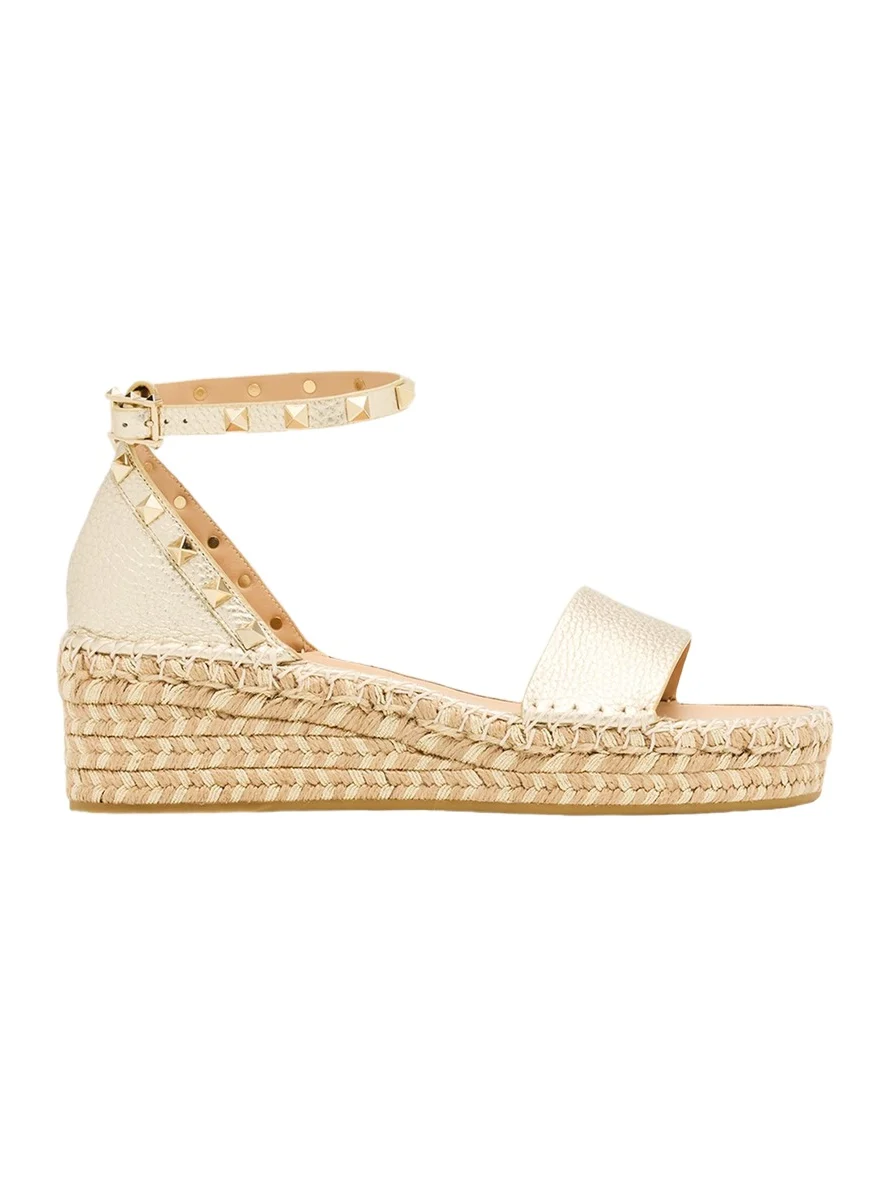 55mm Rockstud Metallic Leather Wedge Espadrille Sandals 55mm Rockstud Metallic Leather Wedge Espadrille Sandals