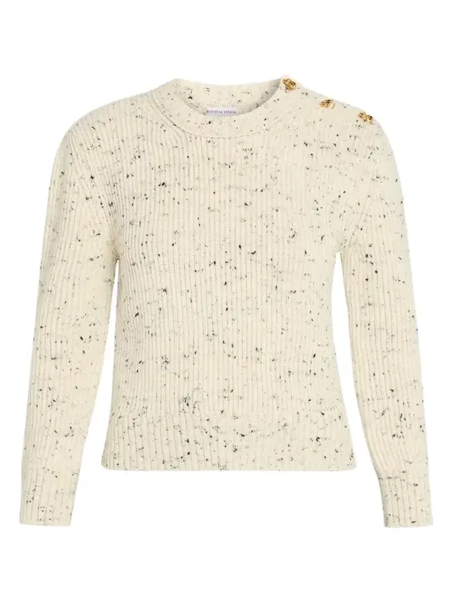 Button-Shoulder Speckled Rib Crewneck Sweater Button-Shoulder Speckled Rib Crewneck Sweater