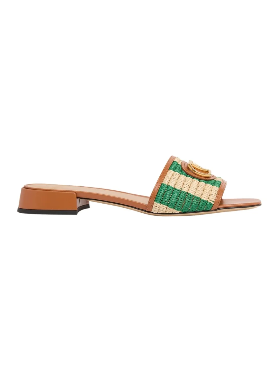 Valentino Garavani 20mm VLogo Leather and Striped Raffia Mule Sandals