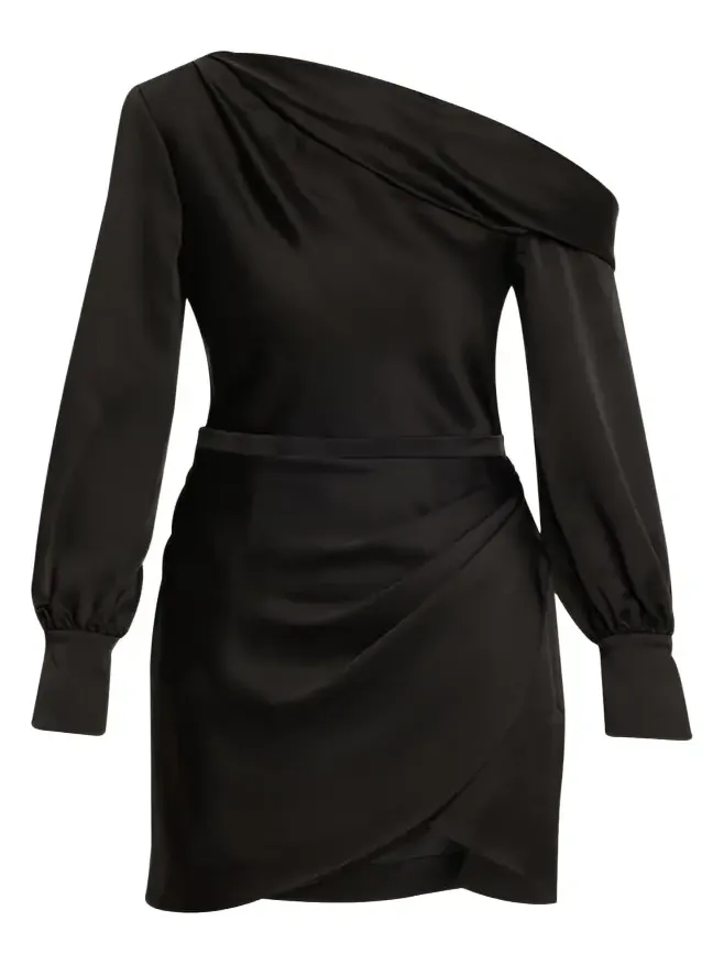 Cameron One-Shoulder Wrap-Skirt Satin Mini Dress Cameron One-Shoulder Wrap-Skirt Satin Mini Dress