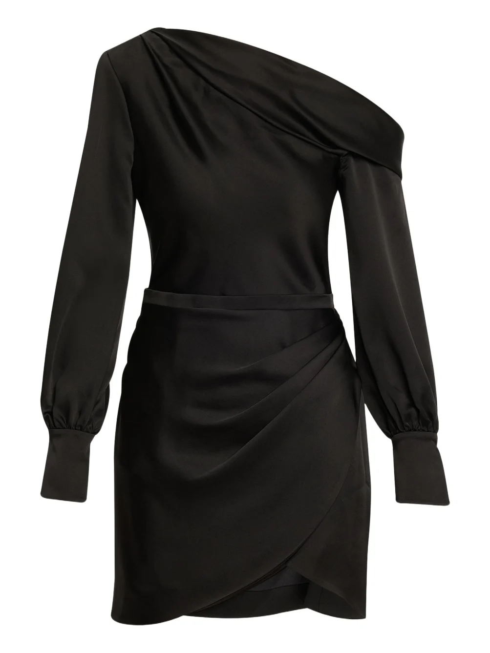 Cameron One-Shoulder Wrap-Skirt Satin Mini Dress Cameron One-Shoulder Wrap-Skirt Satin Mini Dress