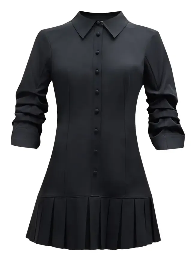 Lucilla Topstitched Pleated-Hem Mini Shirtdress Lucilla Topstitched Pleated-Hem Mini Shirtdress
