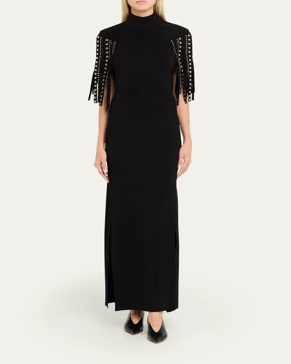 Lanvin Mock-Neck Studded Fringe Capelet Maxi Dress | Thumbnail 2
