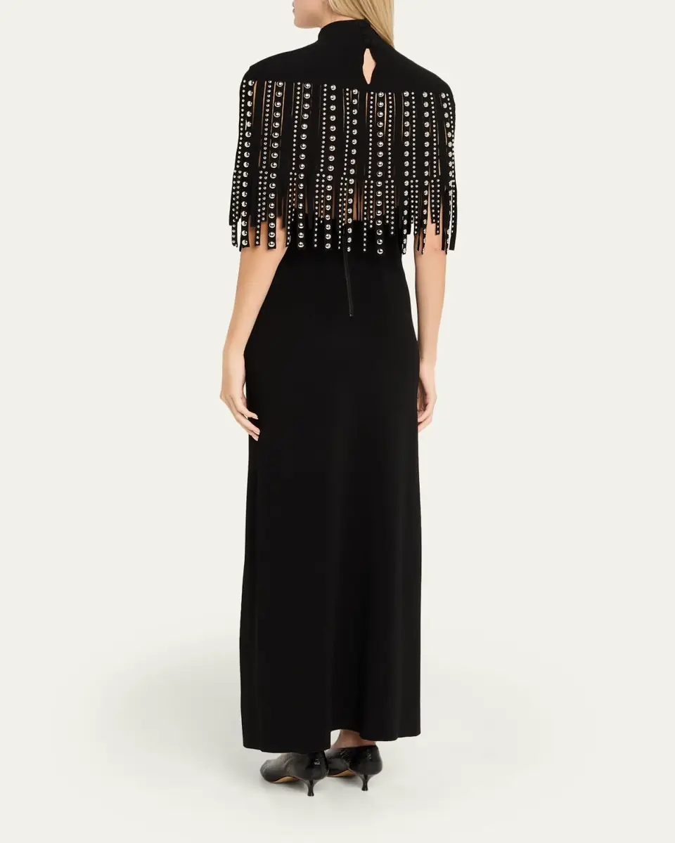 Lanvin Mock-Neck Studded Fringe Capelet Maxi Dress | Thumbnail 3