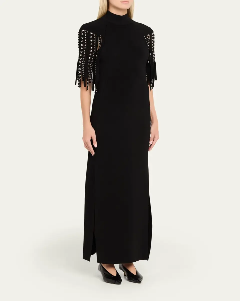 Lanvin Mock-Neck Studded Fringe Capelet Maxi Dress | Thumbnail 4