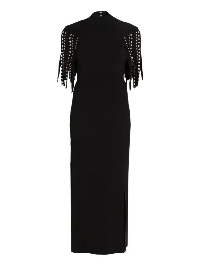 Lanvin Mock-Neck Studded Fringe Capelet Maxi Dress
