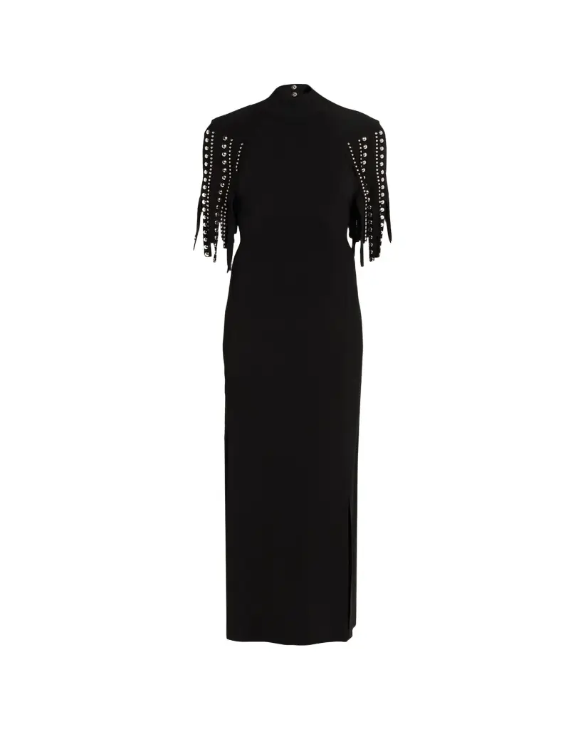 Mock-Neck Studded Fringe Capelet Maxi Dress