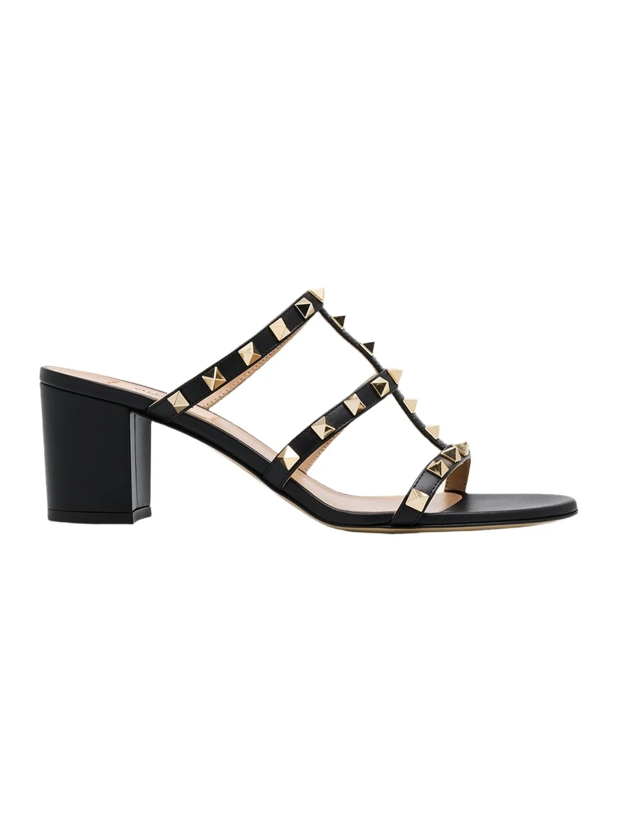 Valentino Garavani 60mm Rockstud Caged Block-Heel Slide Sandals