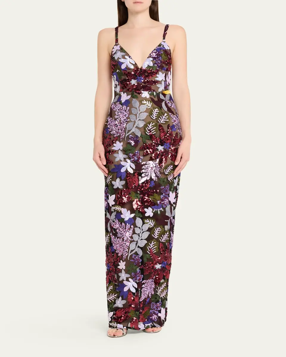 Bronx Banco Allegra Sequin Floral-Embroidered Column Gown | Thumbnail 2