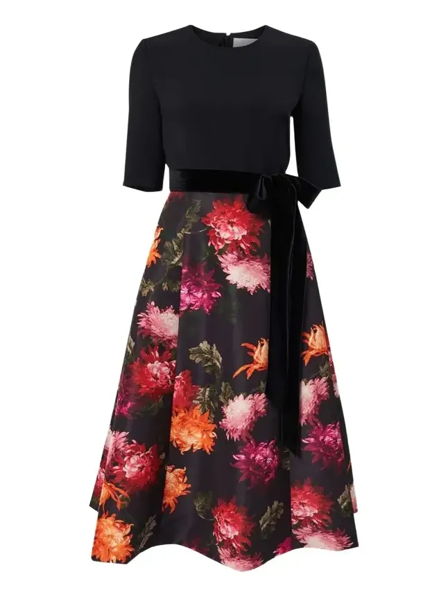 Floral Elbow-Sleeve Bow Midi Dress Floral Elbow-Sleeve Bow Midi Dress