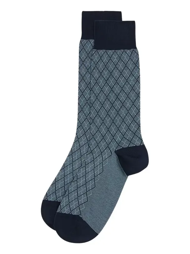 Pantherella Men's Kingsley Diamond Check Jacquard Calf-Length Socks