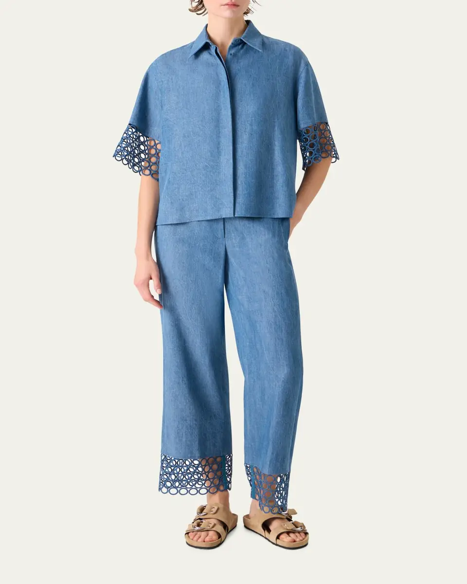 Akris punto Guipure Short-Sleeve Denim Button-Down Shirt | Thumbnail 2 Akris punto Guipure Short-Sleeve Denim Button-Down Shirt | Thumbnail 2
