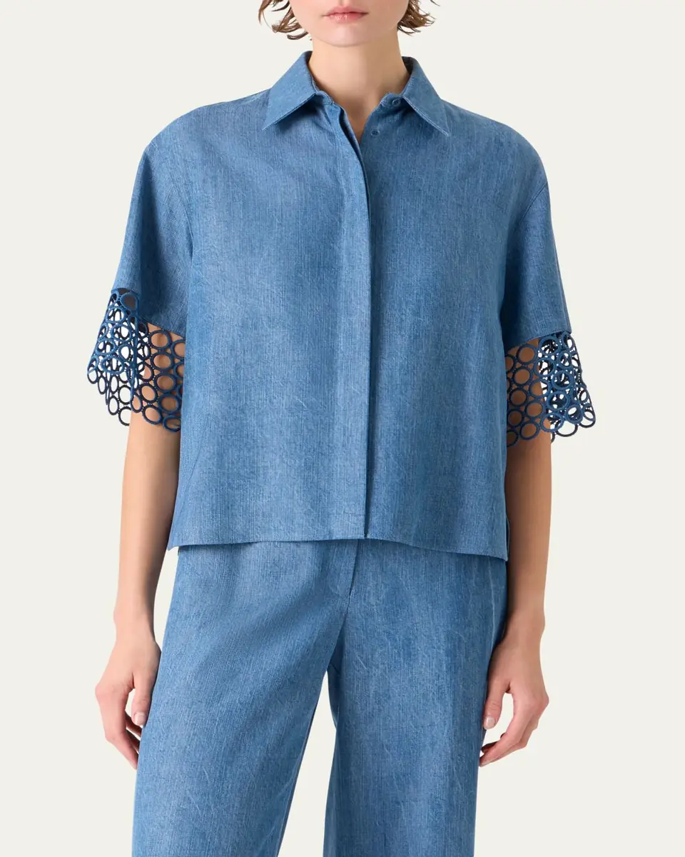 Akris punto Guipure Short-Sleeve Denim Button-Down Shirt | Thumbnail 4 Akris punto Guipure Short-Sleeve Denim Button-Down Shirt | Thumbnail 4
