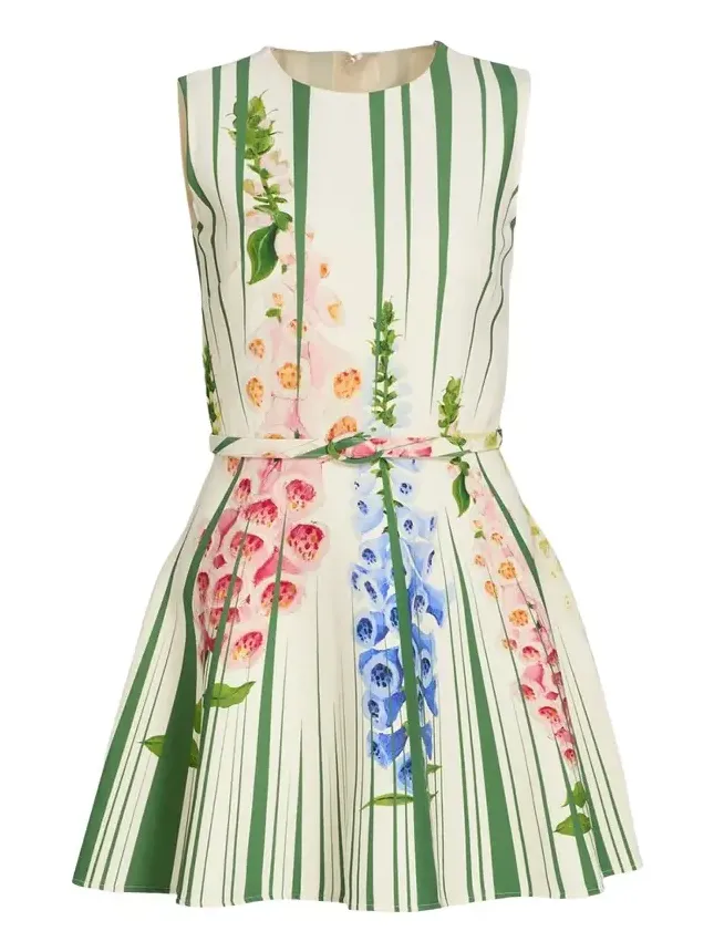 Sleeveless Pleated Tromp L'Oeil Foxgloves Mini Dress With Belt Sleeveless Pleated Tromp L'Oeil Foxgloves Mini Dress With Belt