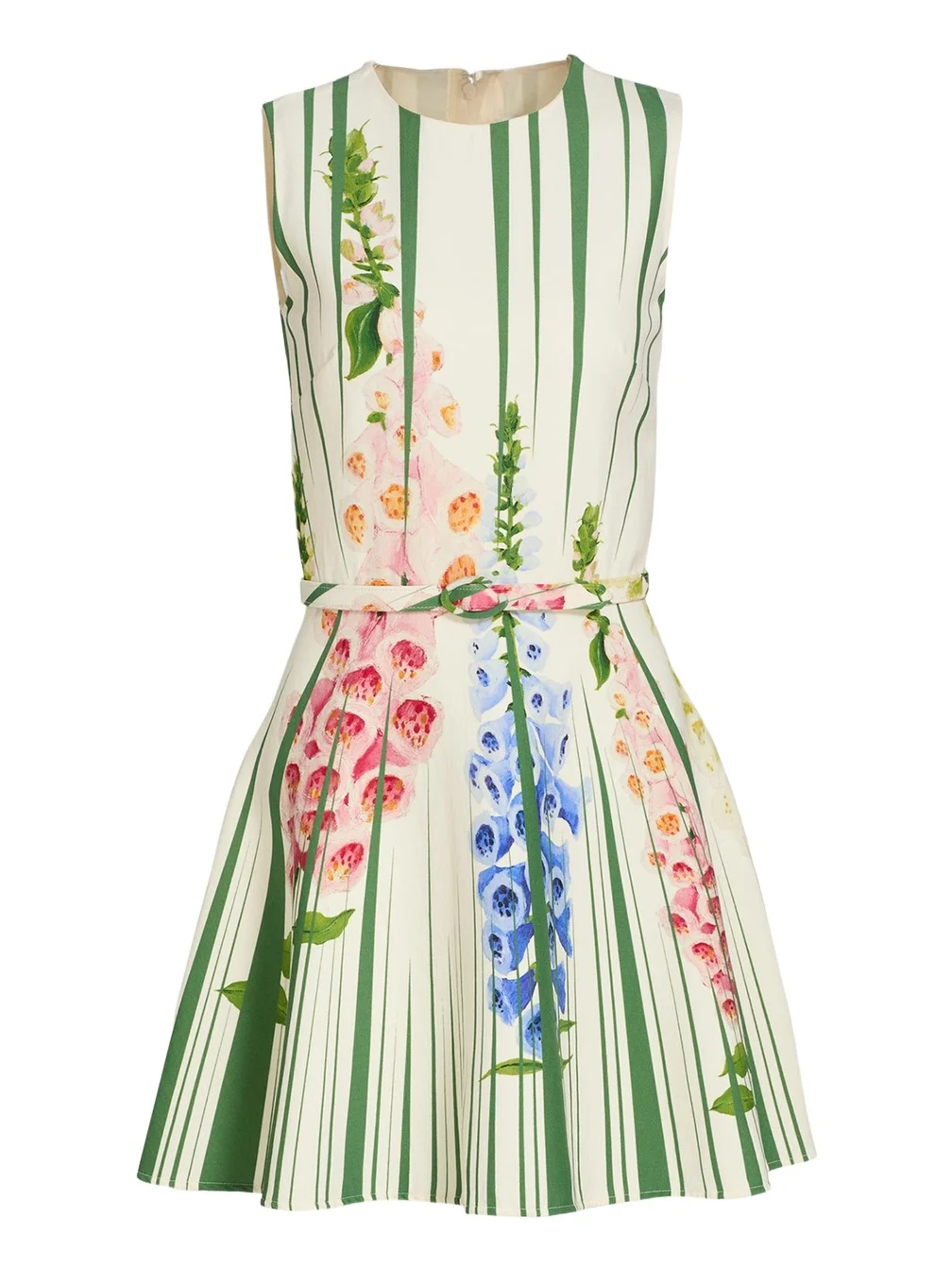 Sleeveless Pleated Tromp L'Oeil Foxgloves Mini Dress With Belt Sleeveless Pleated Tromp L'Oeil Foxgloves Mini Dress With Belt