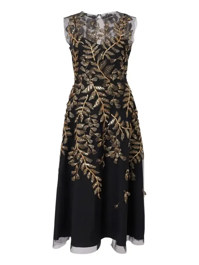 Gold Leaf-Embroidered Tulle Sleeveless Midi Dress Gold Leaf-Embroidered Tulle Sleeveless Midi Dress